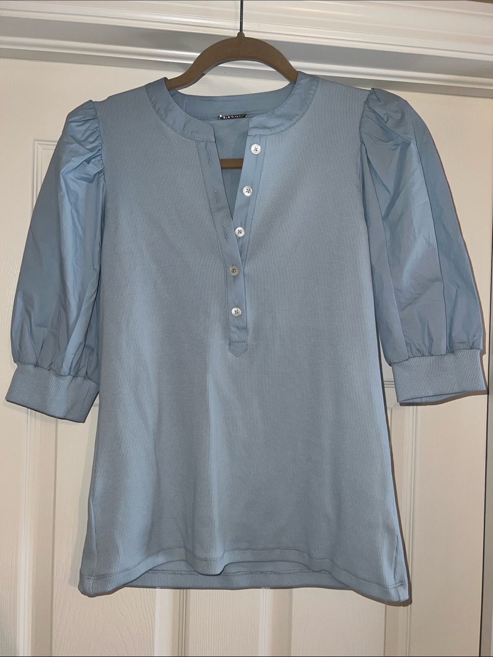 Elie Tahari Sky Blue Puff-Sleeve Henley Top